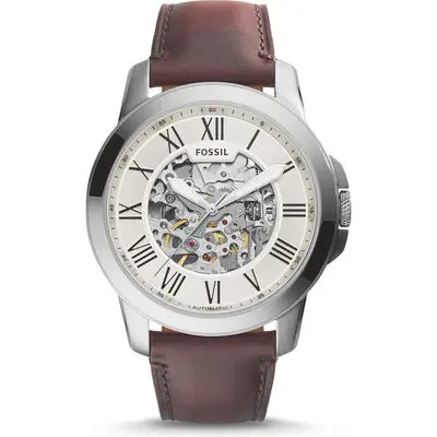 Fossil Grant Men's Automatic Chronograph with Beige Skeleton Dial and dark brown leather strap (ME3099)