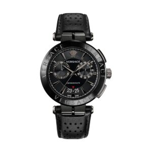 Versace Aion Chrono 45mm Men's Watch – Black IP Stainless Steel with Matte Black Dial & Black Leather Strap (VE1D01420)