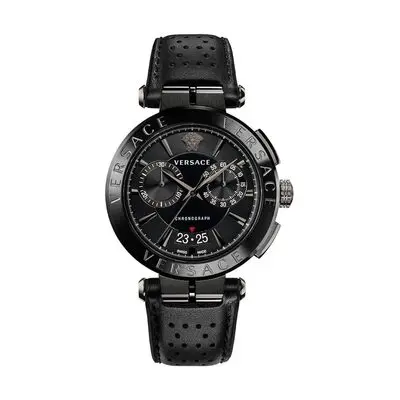 Versace Aion Chrono 45mm Men's Watch – Black IP Stainless Steel with Matte Black Dial & Black Leather Strap (VE1D01420)