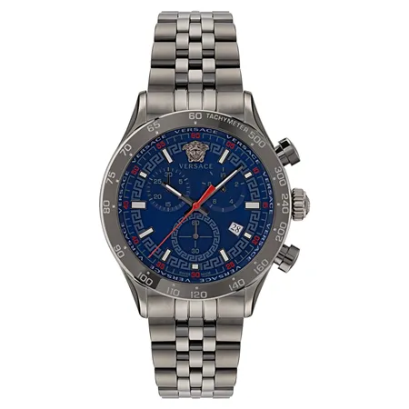 Versace Hellenyium Chrono 44mm Men's Watch – Gunmetal IP Stainless Steel with Navy Blue Sunray Dial (VE2U00722)