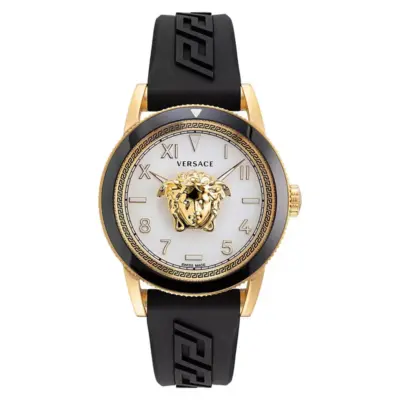 Versace V-Palazzo 43mm Men’s Watch – IP Yellow Gold Case with Silver Matte Floating Medusa Dial (VE2V00222)