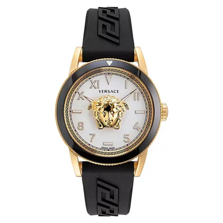 Versace V-Palazzo 43mm Men’s Watch – IP Yellow Gold Case with Silver Matte Floating Medusa Dial (VE2V00222)