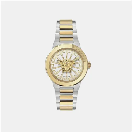 Versace Medusa Infinite 38mm Women’s Watch – Diamond-Set White Sunray Dial with Two-Tone Gold & Silver Bracelet (VE3F00823)