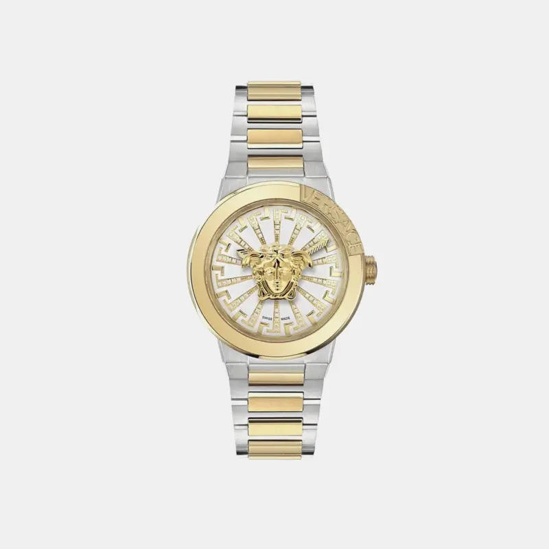 Versace Medusa Infinite 38mm Women’s Watch – Diamond-Set White Sunray Dial with Two-Tone Gold & Silver Bracelet (VE3F00823)