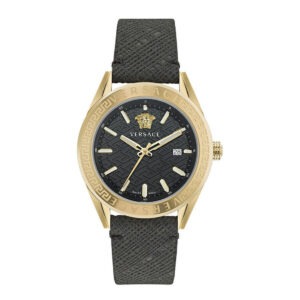 Versace V-Code 42mm Men’s Watch – IP Yellow Gold Case with Black 3D La Greca Guilloché Dial (VE6A00223)