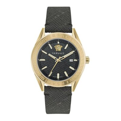 Versace V-Code 42mm Men’s Watch – IP Yellow Gold Case with Black 3D La Greca Guilloché Dial (VE6A00223)