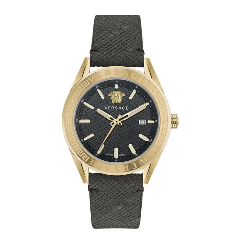 VE6A00223 Versace V-Code 42mm Men’s Watch – IP Yellow Gold Case with Black 3D La Greca Guilloché Dial (VE6A00223)
