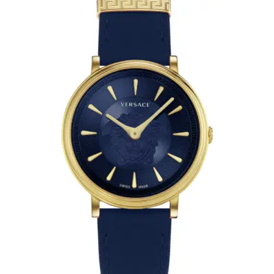 Versace V-Circle 38mm Unisex Watch – IP Yellow Gold Case with Navy Blue Sunray Dial and Blue Leather Medusa Strap (VE8103721)