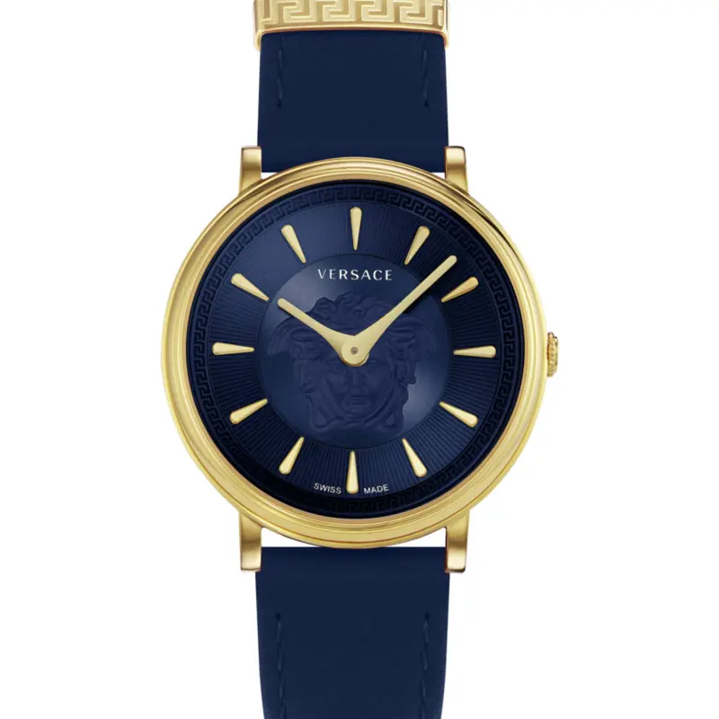 Versace V-Circle 38mm Unisex Watch – IP Yellow Gold Case with Navy Blue Sunray Dial and Blue Leather Medusa Strap (VE8103721)