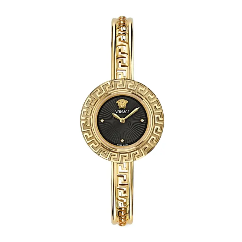 Versace La Greca 28mm Women’s Jewelry Watch – IP Yellow Gold Case with Black Guilloché Diamond Dial (VE8C00524)