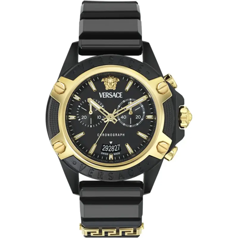 Versace Icon Active 44mm Men’s Chronograph Watch – Transparent Black Polycarbonate Case & Silicone Strap (VE8P00724)