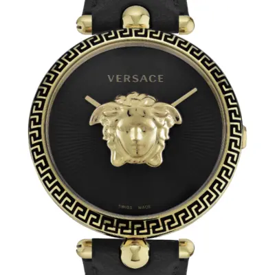 Versace Palazzo Empire 39mm Unisex Watch – IP Yellow Gold Case with 3D Medusa and Black Guilloché Dial (VECO01922)