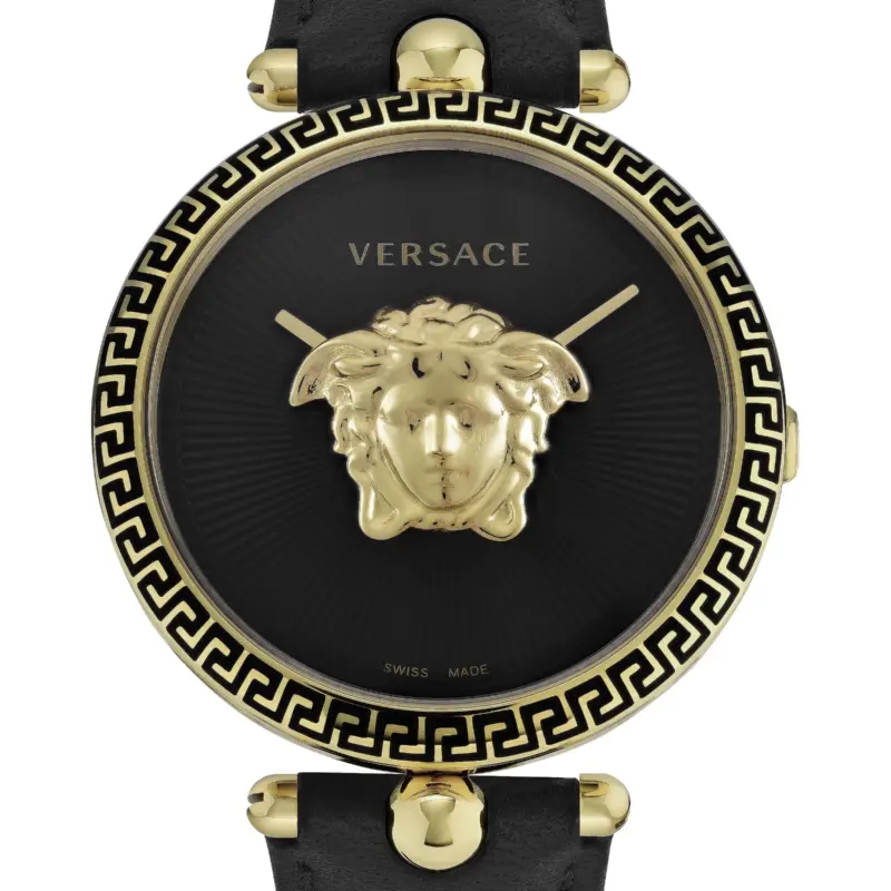 Versace Palazzo Empire 39mm Unisex Watch – IP Yellow Gold Case with 3D Medusa and Black Guilloché Dial (VECO01922)