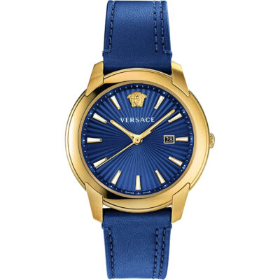 Versace V-Urban 42mm Men’s Watch – IP Yellow Gold Case with Blue Sunray Dial & Blue Leather Strap (VELQ00319)