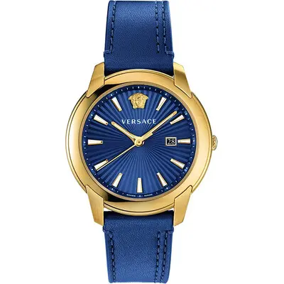 Versace V-Urban 42mm Men’s Watch – IP Yellow Gold Case with Blue Sunray Dial & Blue Leather Strap (VELQ00319)