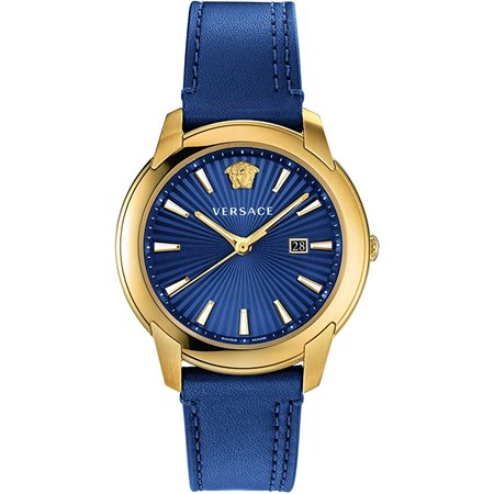Versace V-Urban 42mm Men’s Watch – IP Yellow Gold Case with Blue Sunray Dial & Blue Leather Strap (VELQ00319)