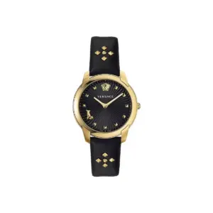 Versace Audrey V 38mm Women’s Watch – IP Yellow Gold Case with 3D Medusa & Jack Russell "Audrey" Dial on Studded Black Leather (VELR00319)