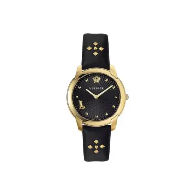 Versace Audrey V 38mm Women’s Watch – IP Yellow Gold Case with 3D Medusa & Jack Russell "Audrey" Dial on Studded Black Leather (VELR00319)