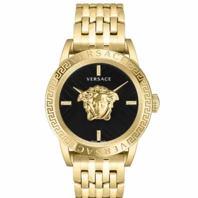 Versace V-Code Restyling 43mm Men’s Watch – Yellow Gold-Tone Stainless Steel with Black Greek Key Dial (VESN00922)