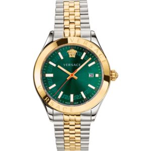 Versace Hellenyium 42mm Men's Watch – Two-Tone Silver & Gold IP Stainless Steel with Green Sunray Dial (VEVK00620)