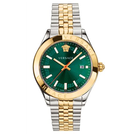 Versace Hellenyium 42mm Men's Watch – Two-Tone Silver & Gold IP Stainless Steel with Green Sunray Dial (VEVK00620)