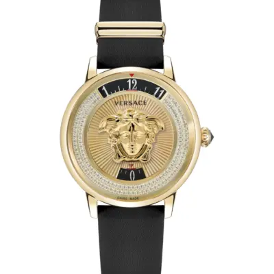 Versace Medusa Icon 38mm Unisex Watch – IP Yellow Gold Case with 3D Medusa and Black Leather Strap (VEZ200722)