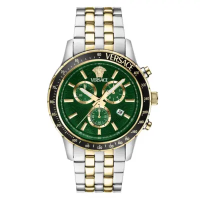 Versace Sport Chrono 44mm Men’s Watch – Two-Tone Stainless Steel & Gold with Bottle Green Sunray Dial (VEZCA0524)