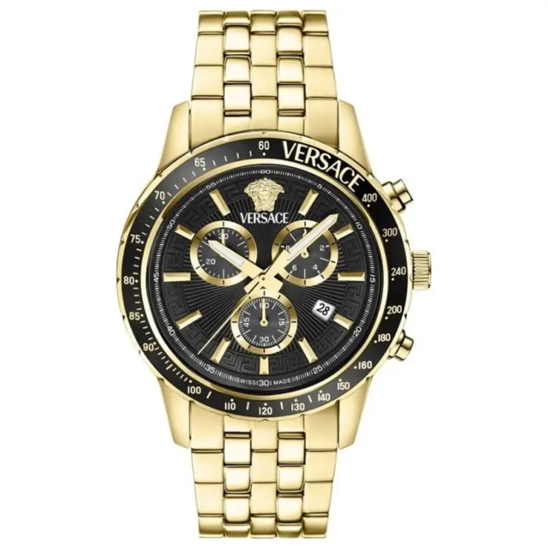 Versace Sport Chrono 44mm Men’s Watch – Yellow Gold-Tone Stainless Steel with Black Sunray Dial (VEZCA0724)