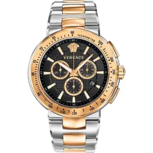 Versace Mystique Sport 44mm Men’s Chronograph Watch – Two-Tone Rose Gold & Silver Stainless Steel with Clous de Paris Dial (VFG100014)