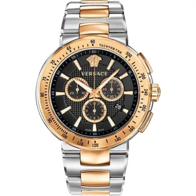 Versace Mystique Sport 44mm Men’s Chronograph Watch – Two-Tone Rose Gold & Silver Stainless Steel with Clous de Paris Dial (VFG100014)