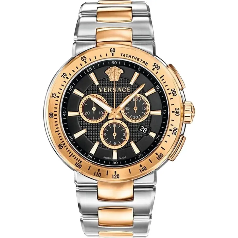 Versace Mystique Sport 44mm Men’s Chronograph Watch – Two-Tone Rose Gold & Silver Stainless Steel with Clous de Paris Dial (VFG100014)