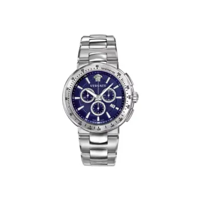 Versace Mystique Sport 44.5mm Men's Chronograph Watch – Stainless Steel with Navy Blue Guilloché Dial (VFG120015)