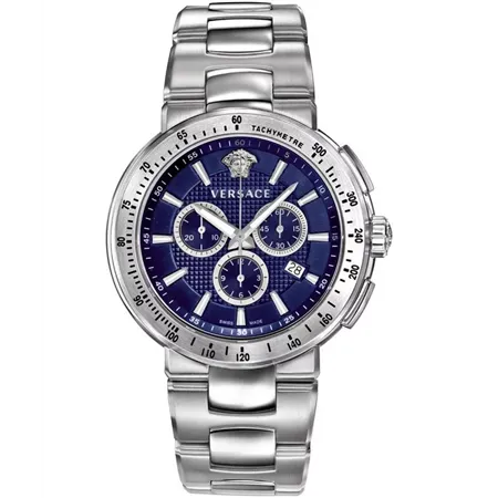 Versace Mystique Sport 44.5mm Men's Chronograph Watch – Stainless Steel with Navy Blue Guilloché Dial (VFG120015)