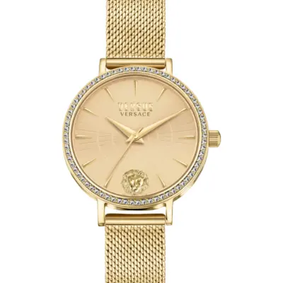 Versus Versace Mar Vista Crystal 34mm Women’s Watch – IP Yellow Gold Case with Crystal Bezel and Gold Brick-Pattern Dial (VSP1F2921)