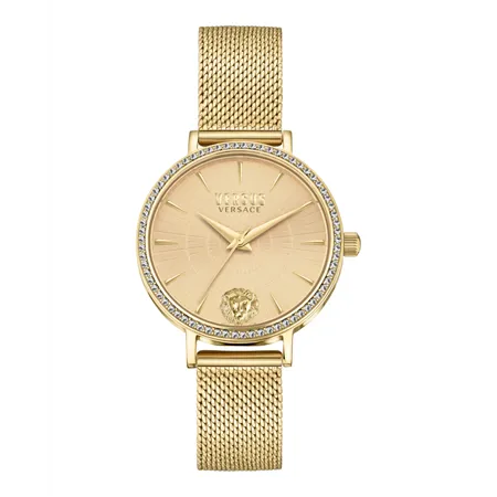 Versus Versace Mar Vista Crystal 34mm Women’s Watch – IP Yellow Gold Case with Crystal Bezel and Gold Brick-Pattern Dial (VSP1F2921)