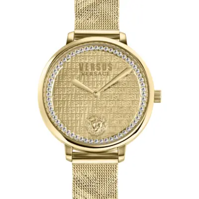 Versus Versace La Villette 36mm Women’s Watch – IP Yellow Gold Mesh Bracelet with Crystal-Set Gold Sunray Dial (VSP1S3321)