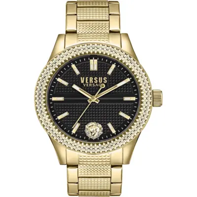 Versus Versace Bayside 38mm Women’s Watch – IP Yellow Gold Stainless Steel with Black Enamel Dial & Lion Head (VSPOJ2424)