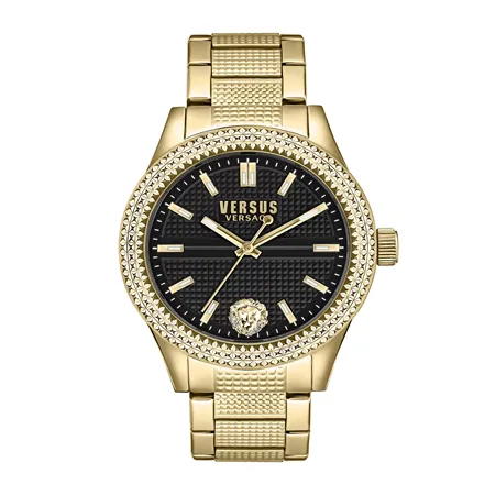 Versus Versace Bayside 38mm Women’s Watch – IP Yellow Gold Stainless Steel with Black Enamel Dial & Lion Head (VSPOJ2424)