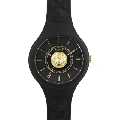 Versus Versace Fire Island 39mm Unisex Watch – Black Silicone Case & Strap with Gold-Tone Lion Head Accents (VSPOQ1G21)