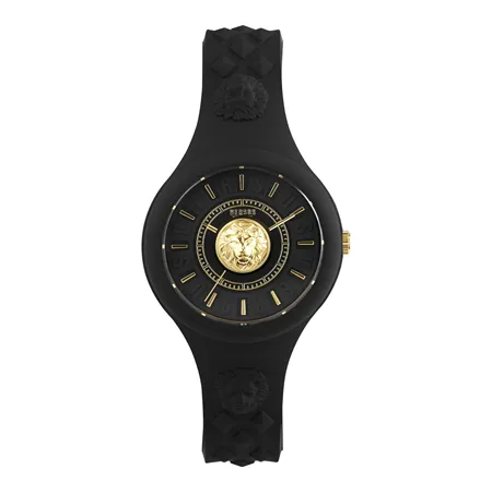 Versus Versace Fire Island 39mm Unisex Watch – Black Silicone Case & Strap with Gold-Tone Lion Head Accents (VSPOQ1G21)