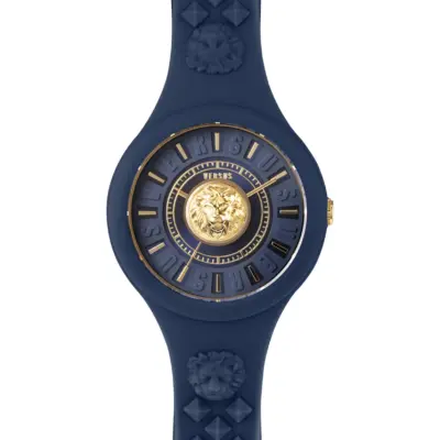 Versus Versace Fire Island 39mm Women’s Watch – Navy Blue Silicone Case & Lion-Head Embossed Strap (VSPOQ1H21)