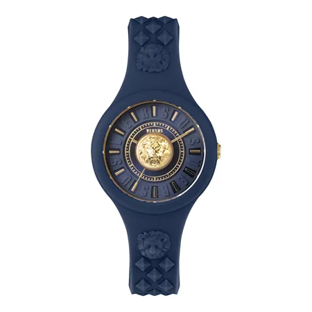 Versus Versace Fire Island 39mm Women’s Watch – Navy Blue Silicone Case & Lion-Head Embossed Strap (VSPOQ1H21)