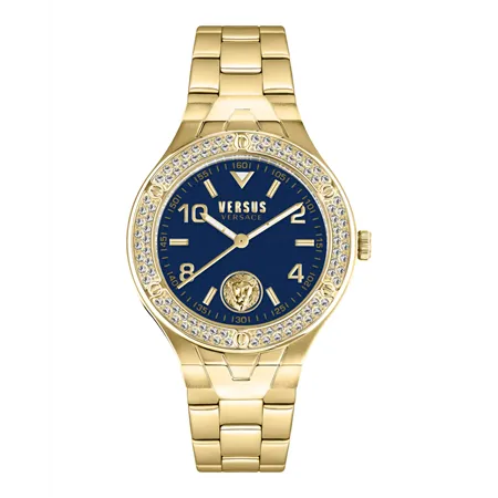 Versus Versace Vittoria Crystal 38mm Unisex Watch – IP Yellow Gold Case with Crystal Bezel and Blue Enamel Dial (VSPVO2721)