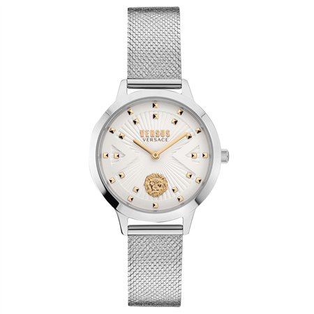 Versus Versace Palos Verdes 34mm Women’s Watch – Silver-Tone Stainless Steel Case with Silver Guilloché Dial and Mesh Bracelet (VSPZK0421)