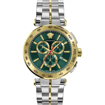 Versace Aion Chrono 45mm Men’s Watch – Two-Tone Gold & Silver Stainless Steel with Bottle Green Dial (VE6CA0523)