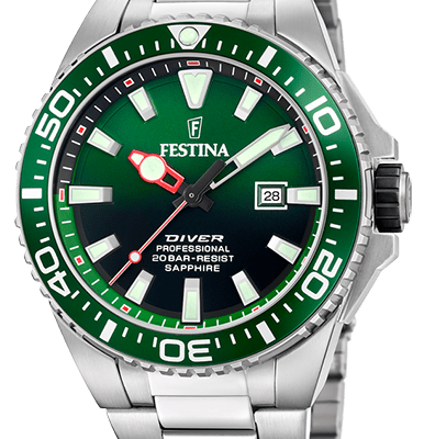 Festina The Originals Stainless Steel Green Dial Quartz Diver's F20663-2 200M Men's Watch