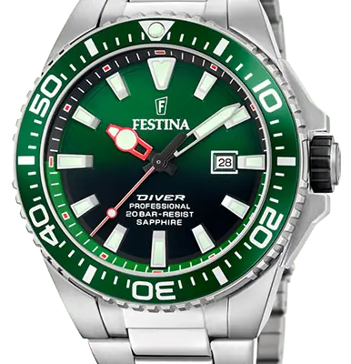 Festina The Originals Stainless Steel Green Dial Quartz Diver's F20663-2 200M Men's Watch