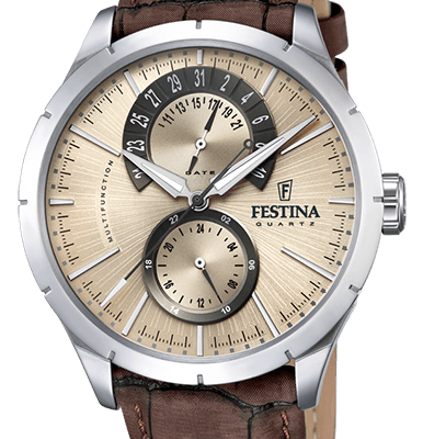 Festina Retro Leather Strap Multifunction Beige Dial Quartz F16573-9 Men's Watch