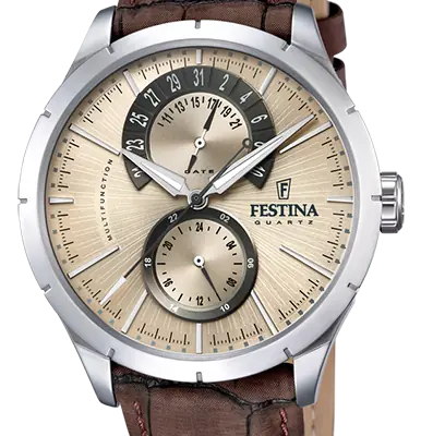 Festina Retro Leather Strap Multifunction Beige Dial Quartz F16573-9 Men's Watch