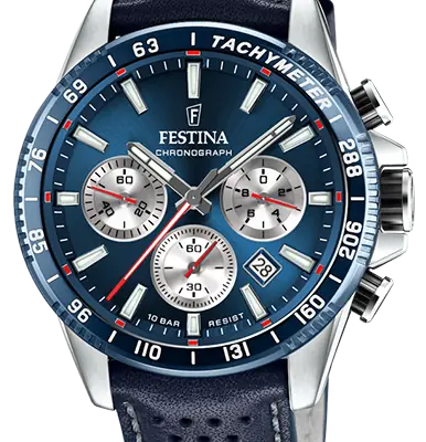 Festina Timeless Chronograph Leather Strap Blue Dial Quartz F20561-2 100M Men's Watch